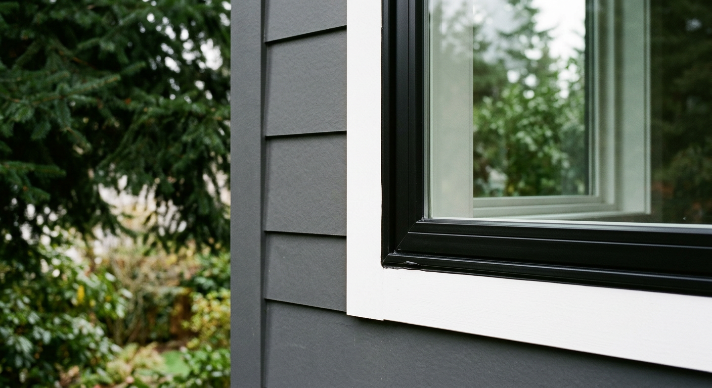 Close-up of a new black vinyl replacement window on a modern home in Edmonds, WA.